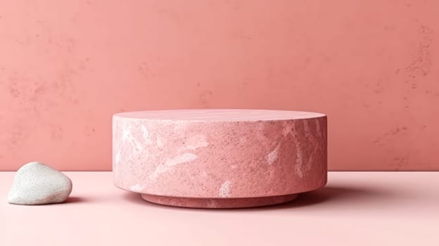 Abstract and futuristic, this 3D rendered shiny pink round marble pedestal podium is illuminated by spotlights on a white background. High quality concept design.