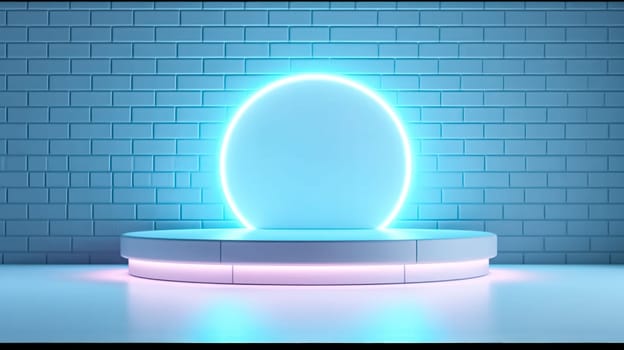 An abstract surreal scene featuring an empty stage with a cylinder podium and circle shape on a holographic neon colored background.