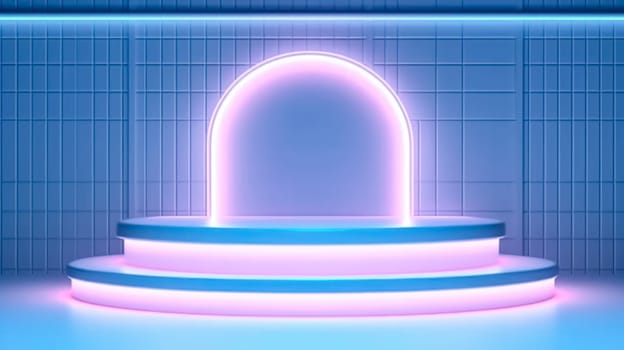 An abstract surreal scene featuring an empty stage with a cylinder podium and circle shape on a holographic neon colored background.