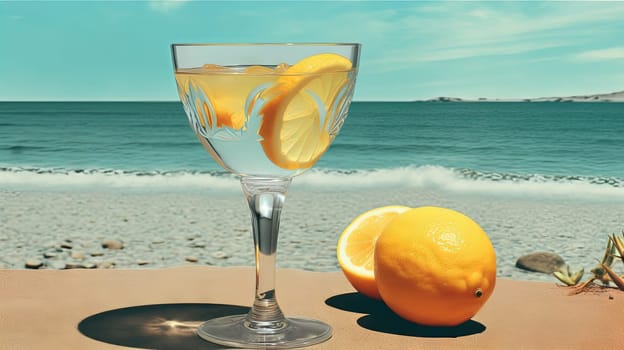 Glass with lemon water in the sand of the beach. Vacation scene with lemonade glass on the shore line. Generative AI.