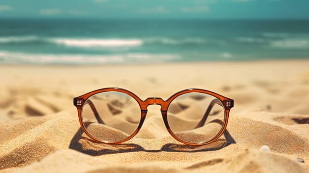 Glasses in the sand of the beach. Vacation scene with sunglass on the shore line. Generative AI