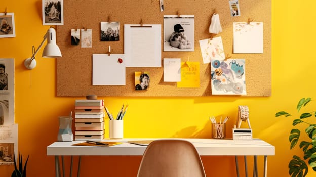 A vibrant workplace with a mood board displayed against a cheerful yellow wall, creating an energetic and inspiring atmosphere for creativity.