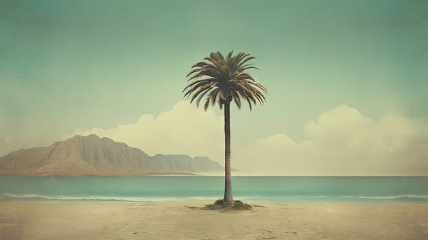 Palm tree on the sand of the beach. Vacation scene with palm on the shore line. Generative AI