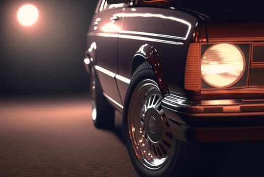 Retro car closeup view. 80s styled automobile in neon lights. Generated AI