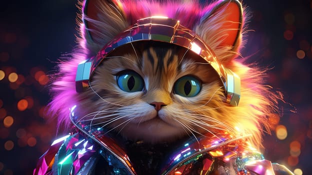 Party cat in neon colors. Funny kitten with holographic hat in 90s style neon lights. Generated AI