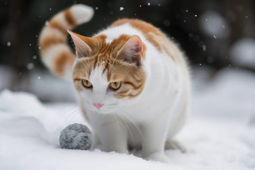 Cat playing in the snow in winter season. Cute kitten having fun with white snow. Generated AI