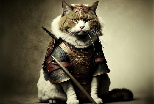 Cat samurai in traditional armor with katana. Japanese styled illustration with kitten warrior in kimono. Generated AI
