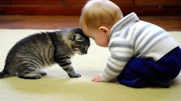 Tender cat cuddling. Cute delicate kitten. Generated AI