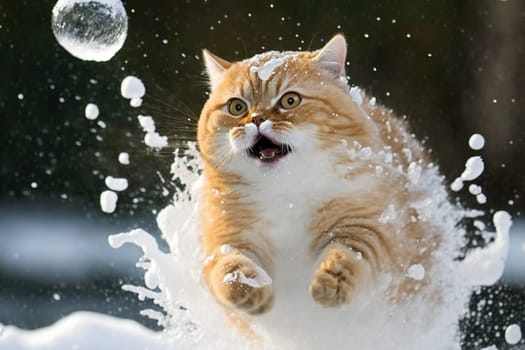 Cat smacked by snowball. Cute kitten with surprised and angry face, hit by snow during winter game. Generated AI