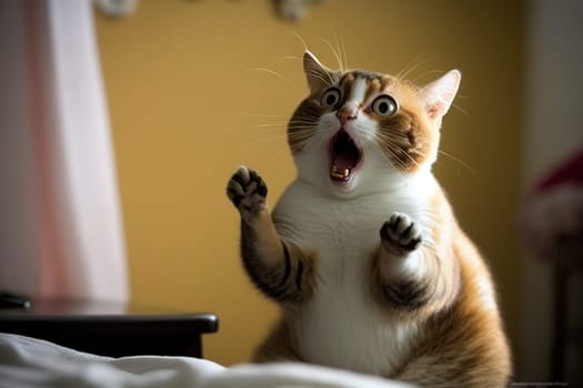 Funny surprised cat with a questioning pose. A cute kitten asks in surprise where the treats are. Generated AI