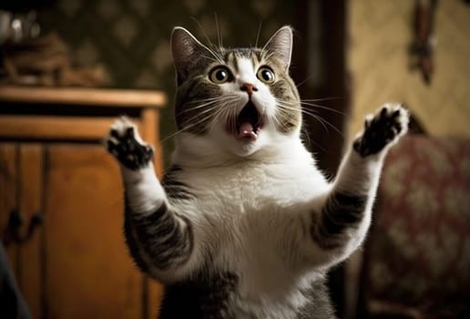 Funny surprised cat with a questioning pose. A cute kitten asks in surprise where the treats are. Generated AI