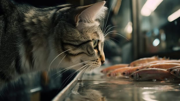 Cute cat watching the fish. Funny kitten sniffing the fish. Generated AI