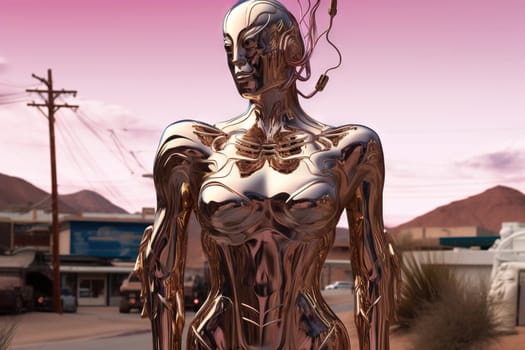 Crome robot woman portrait in the city. Artificial intelligence rise and shiny. Mechanical beauty. Generated AI