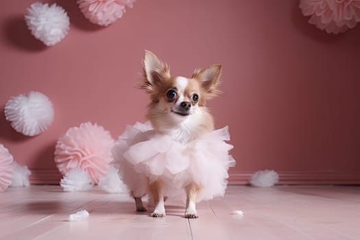 Little cute dog chihuahua in pink room with laces. Generated AI