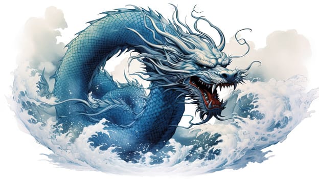 Blue dragon, mysterious monster from farytales and symbol of 2024 lunar year in Chinese calendar. Generated AI.