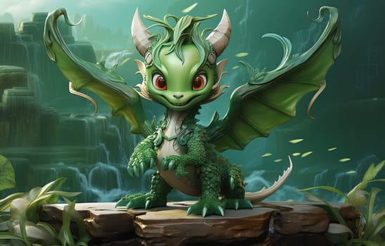 Young green dragon, mysterious creature from farytales and symbol of 2024 lunar year in Chinese calendar. Generated AI