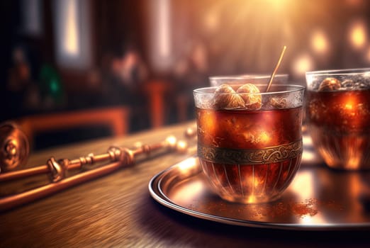 Club cocktails on the table with light. Colorful juicy drinks in glasses. Generated AI