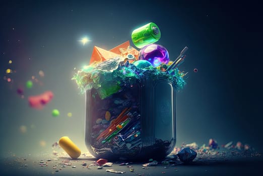 Garbage sorting and ecological problems concept. Colorful trash bin and consumerism waste products. Generated AI