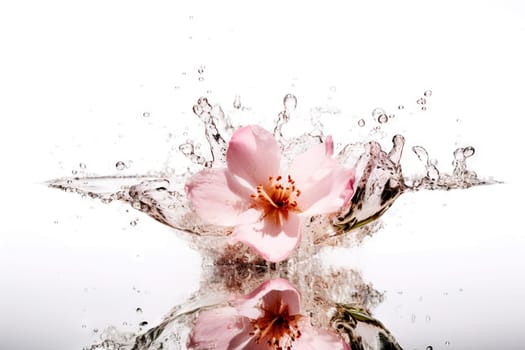 Flower in splashing water. Floral freshness concept with water drops for cosmetic, moisture and self-care packaging. Generated AI
