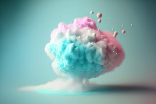 Abstract sweet foam clouds with splashing forms and drops. Colorful foam cloud ro sweet cotton background. Generated AI