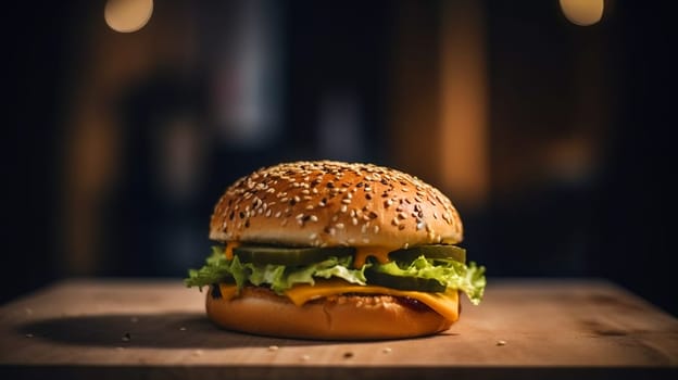 Juicy tasty hamburger on the table. Fast food image of a burger with grilled meat. Generated AI