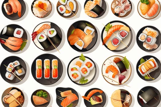 Sushi set. Collection of fast fool in asian style. Classic shushi and rice rolls. Generated AI