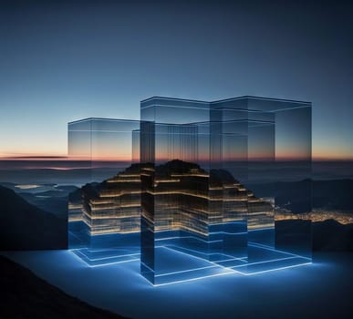 Glass architecture in the mountain landscape. Architectural abstraction combined with nature. Generated AI