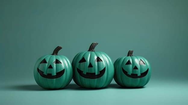 Halloween pumpkins grinning in a row. Autumn holidays card for spooky party. Generated AI