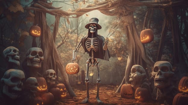 Skeleton holding the lamp in a dark forest during Halloween holiday. Dark art with monsters in the forest at fall. Generated AI