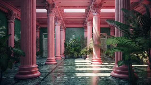 Corridor of pink columns and green plants in vaporwave styled hotel. Generated AI