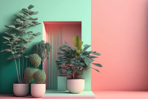 Abstract colorful interior with plants and minimalistic decorations. Vivid colored architectural background. Generated AI