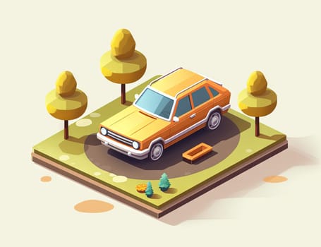 Isometric retro car travelling with elements of environment. Generated AI