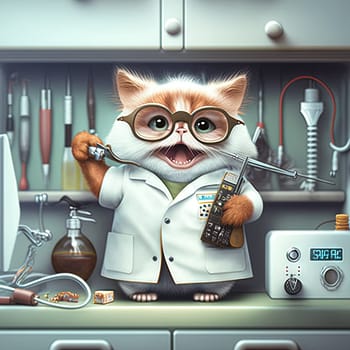 Funny dentist cat. Cute kitten in doctor costume with dentistry and hygiene tools. Generative AI