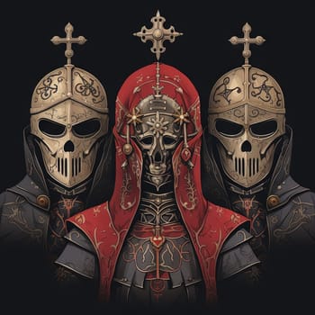 Mystic knight portraits in metal armor. Occult scary knights in medieval alchemy art style