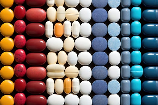 Background with pills and capsules ordered in rows or pattern. Medical drug or dietary supplement concept. Generated AI