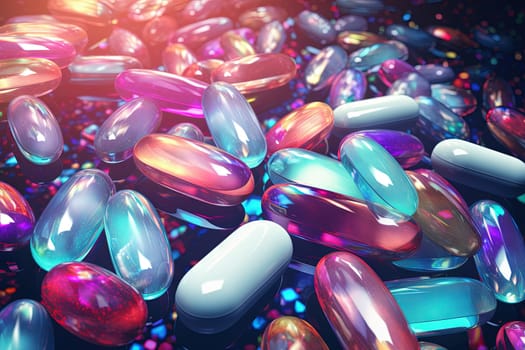 Background with pills and capsules in neon blue and purple colors. Medical drug or dietary supplement concept. Generated AI