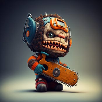 Funny and spooky figure of monster with a chainsaw. Crazy lumberjack mascot. Generative AI