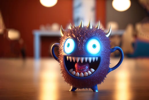 Coffee monster with crazy eyes. Cute character with caffeine energy, very excited. Generated AI