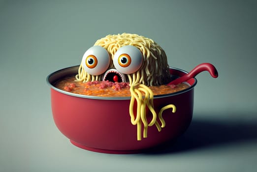 Funny monster spaghetti. Cute pasta, noodle or ramen character with crazy funny face. Generated AI