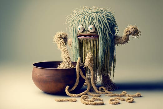 Funny monster spaghetti. Cute pasta, noodle or ramen character with crazy funny face. Generated AI