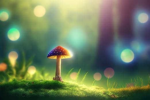 Mystery mushroom on the bump. Fairytale background with mystic mushroom. Generated AI