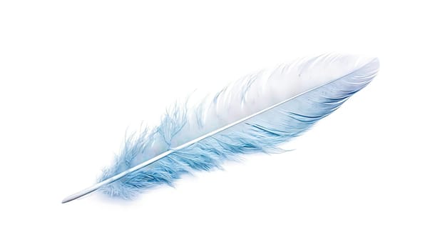 Bird feather on white background. Beautiful bird plumage or wing element, isolated smooth feather. Generated AI