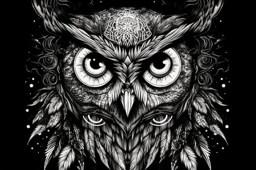 Wild owl with mystic design elements. Occult wise bird black and white symbol in vintage style. Generated AI.