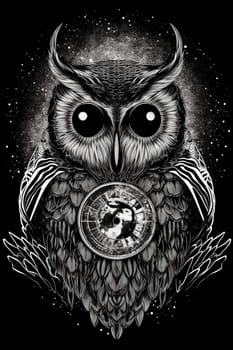 Wild owl with mystic design elements. Occult wise bird black and white symbol in vintage style. Generated AI.