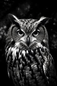 Wild owl in the forest. Black and white style, wildlife element. Generated AI