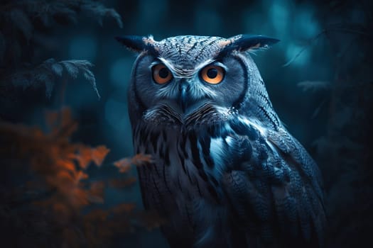 Wild owl in the forest. Colorful realistic style, wildlife element. Generated AI.