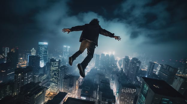 Young man jumps from the roof. Parkour or base jumping trick of an action stuntman. Generated AI