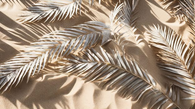 Plam leaves on the tropical beach sand background. Vacation and relaxation concept with dry palm leaves on the hot summer beach. Generated AI