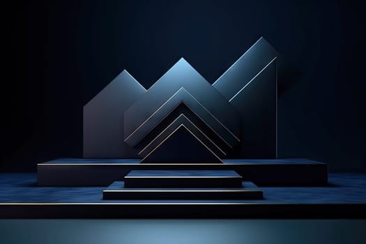 Dark blue pedestal in black room with geometric shapes. Podium for product showcase. Generated AI