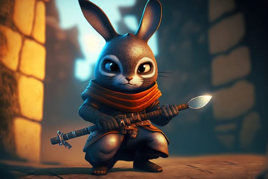 Rabbit samurai in traditional armor with katana. Japanese styled illustration with hare warrior in kimono. Generated AI